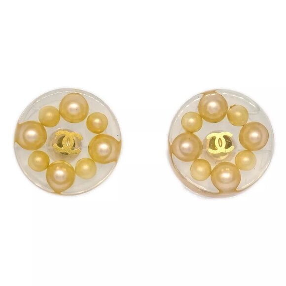 Chanel Button Piercing Earrings Artificial Pearl Clear - Picture 1 of 4
